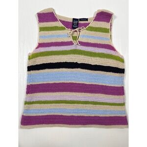 Gap Vintage Hand Knit Crochet Striped Sweater Vest XS/S Multicolor Festival Boho